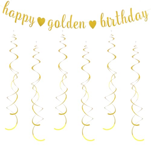 Vovii Happy Golden Birthday Banner with 6 Hanging Swirls: Pre-Assembled Glitter Banner &...
