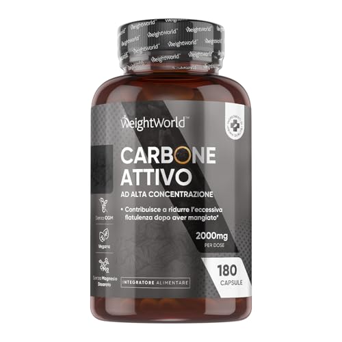 Carbone Vegetale Attivo da 2000mg in 180 Capsule Vegane, Il Carbone Attivo Contribuisce a Ridurre l'Eccessiva Flatulenza Dopo Aver Mangiato (EFSA), Activated Charcoal, Senza Magnesio Stearato né OGM