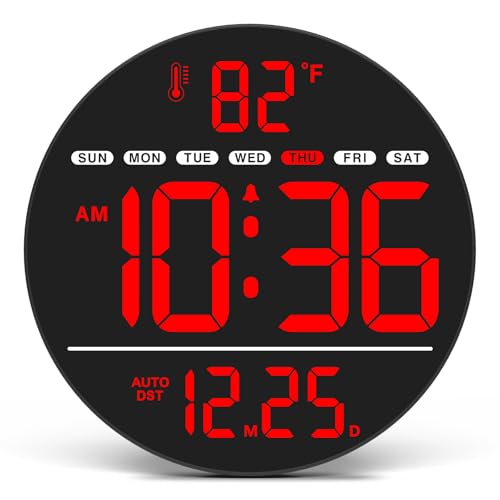 WallarGe Large Digital Wall Clock with LED Display, Electric Wall Clock with Temperature, Auto DST, Date, and Day, 5-Level Brightness for Office, Bedroom, Living Room, Classroom Décor