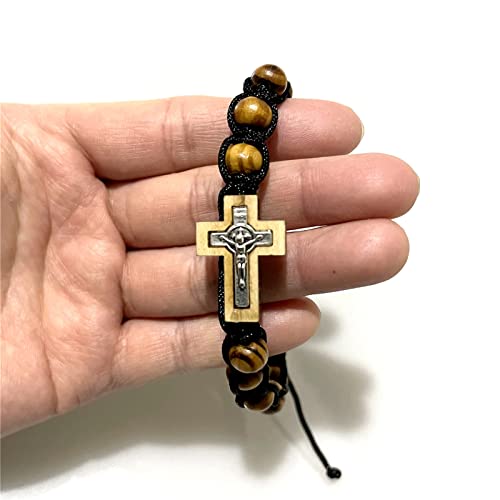Catholic Wooden Beads Adjustable Men's Bracelets Rosary with Wood Crucifix (Black)3