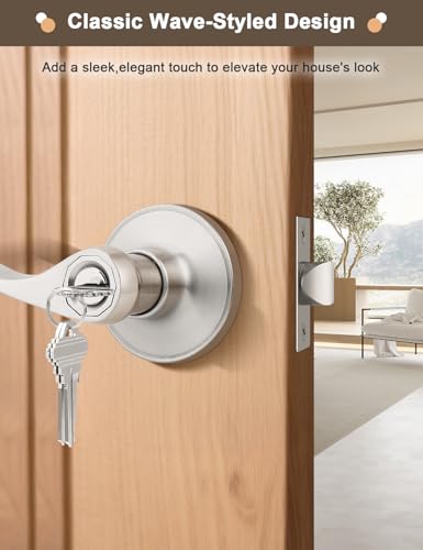 Image of Gobrico 5 Pack Keyed Entry Lever with Same Key, Satin Nickel Wave Door Handle Set, Exterior Door Knobs with Lock and Key