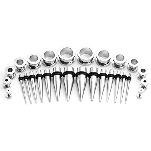 PiercingJ 28pcs 12G-00G Stainless Steel Tapers Stretching Kit + 12G-00G Flared Screw Tunnel Gauge Kit