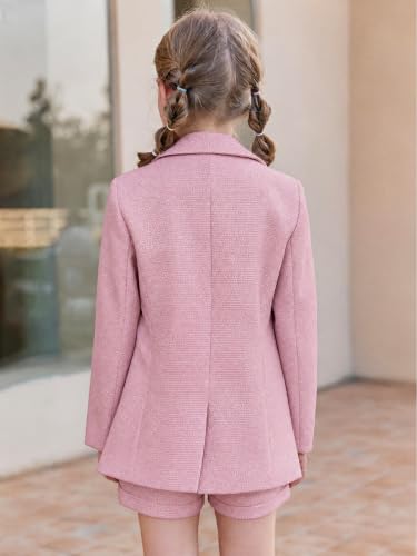 Image of Batermoon Girls Blazer Lapel Long Sleeve Blazer and Pants Set | 2 Piece Outfits Button Front Blazer and Short Pants Suit Sets 4-14 Years