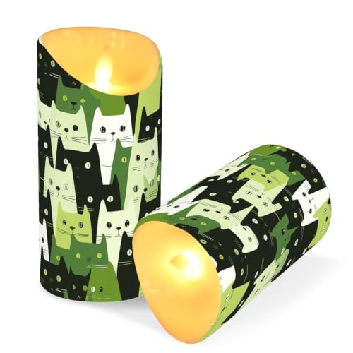 Velas sin llama para Año Nuevo con lindos dibujos de gatos en verde 3