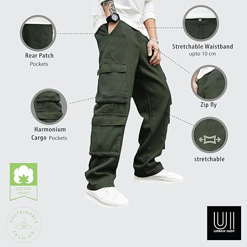 Image of Men's 8 Pocket Cargo Pants | Premium Cotton Twill Baggy Fit Trousers | Stretchable Casual Streetwear Cargos | Mid Rise