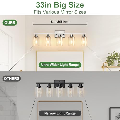 Image of Ascher Bathroom Light Fixtures, 5-Light Vanity Lights with Clear Glass Shade, Modern Brushed Nickel Wall Light for Mirror Bedroom Hallway Cabinet Porch