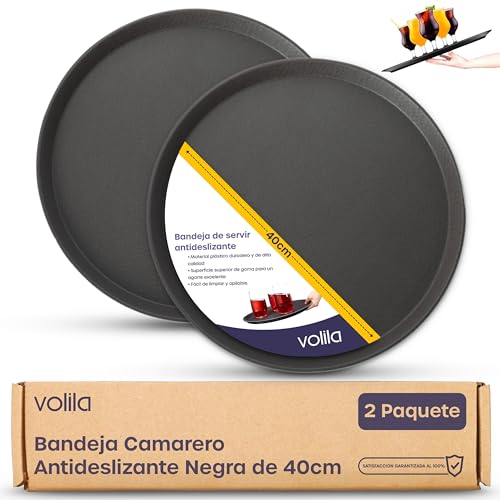 volila Bandeja Redonda para Servir Comida - Caja de 2 Piezas (40 cm) - Bendeja Camarero Antideslizante con Superficie de Goma - Ideal para Bares, Restaurantes, y Fiestas