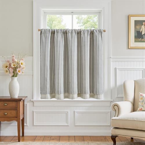 jinchan Double Layer Striped Linen Kitchen Tier Curtain Rustic Cafe