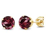 Gem Stone King Gemstone Birthstone Stud Earrings for Women Men | 18K Yellow Gold Plated | Round 5MM | Fine Jewelry Gifts for Mom Dad Wife Her Him | Rhodolite Garnet