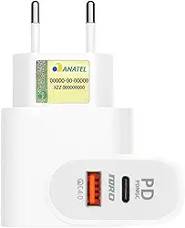 Fonte Carregador Dupla Turbo 40W 2 Entradas USB-C e USB Turbo Carregador Universal Tipo C e USB Premium A GOLD® Compatível com iPhone, Samsung, IOS/Android Ultra Rápido Power Delivery