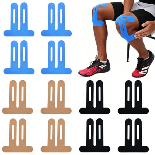 12 Stück Precut Kinesiotapes Knie Kinesiotapes Vorgeschnitten Kinesiologie Tape Sport Knie Tape Wasserdichte Atmungsaktive Kinesio Tapes mit Muskelunterstützung beim Sport (Schwarz Blau Beige)