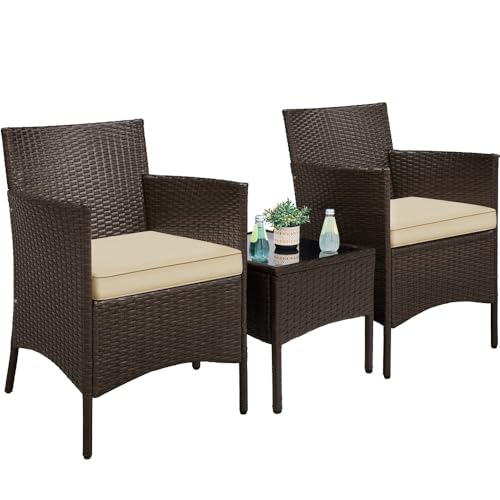 Yaheetech Salon de Jardin Exterieur Ensemble Mobilier de Jardin 2 Personnes Fauteuils et Table Basse Plateau Verre 2 Coussins Tressée pour Balcon Marron