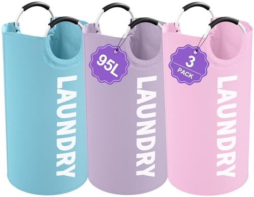 Image of 3PCS 95L Laundry Basket, Collapsible Clothes Hamper with Handle, 600D Oxford Cloth Laundry Bin, Stand-alone Dirty Clothes Hamper for Livingroom, Bedroom, Family, Pink+Blue+Purple