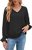Oberteile Damen Sexy,Elegant Schwarz Musselin Bluse Basic Trompetenärmel Langarmshirt Modisch Ausschnitt Tief Büro Longbluse Blusenshirt Tunika Tops