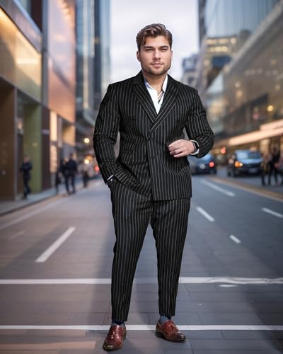Men’s Pinstripe 2 Piece Suit Big and Tall Double Breasted Formal Wedding Tuxedo Suit3