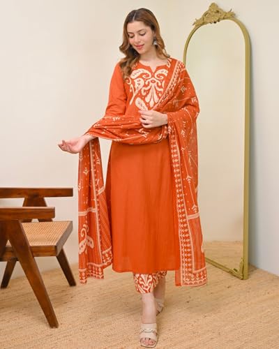 Image of GoSriKi Kurta Sets for Women Viscose Printed | Kurta Pant Dupatta Set | Straight Kurti Set for Women | Round Neck V-Slit 3 /4 Sleeve Ethnic Suit | Designer Indian Kurti Outfit with Pants