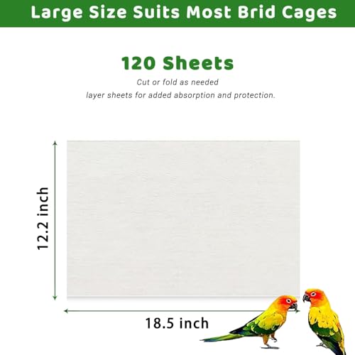 Image of ZIQON 120 Pcs Bird Cage Liner Papers Big Size Cage Paper Liners Disposable Cage Paper Liners Precut Absorbent Cushion Pad Mat Accessories for Pet Bird Parrot (White, 18.5 * 12.2)