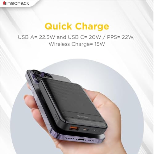 Image of Neopack SnapGO 10000mAh Magsafe Power Bank | Kickstand | Dual Charging | 15W Wireless and 22.5W Wired Charging Output for iPhone 12 & New Models, Android Smartphones and Other USB-C Devices (Black)