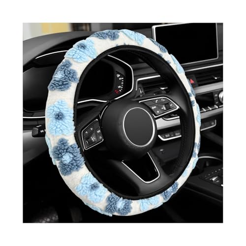 Sbulhia Plush Flowers Steering Wheel Cover 15 inch Anti-Slip Breathable Steering Wheel Protector Cute Floral Decor Elastic Soft Wheel Cover Universal Fit for Most Vehicles (Light Blue)