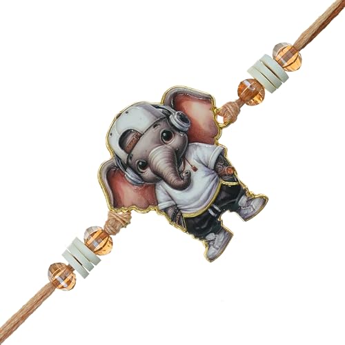 Image of eCraftIndia Cartoon Style Baby Elephant Rakhi for Kids Girls Boys with Best Bro Ever Fridge Magnet | Raksha Bandhan Kids Rakhi for Brother Bhaiya Bhai | Roli Chawal Pack