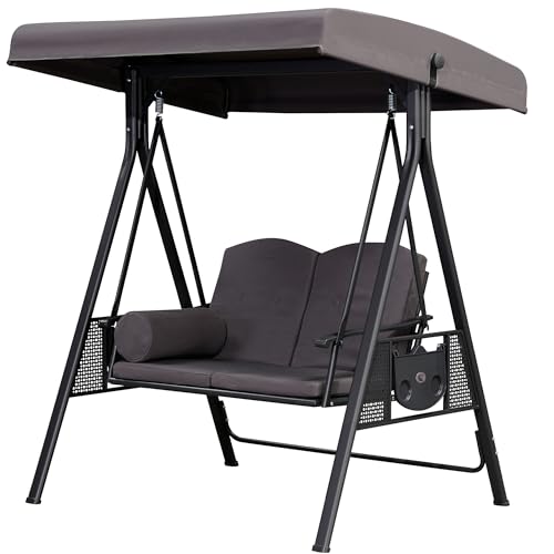 Image of PURPLE LEAF Outdoor Patio Porch Swing with Stand, 2-seat Swing Chair with Adjustable Tilt Canopy All-Weather Steel Frame for Backyard Front Porch Lawn, Cushions and Pillow Included, Grey