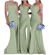 One Shoulder Satin Bridesmaid Dresses Mermaid Formal Prom Dress Long Ball Gown with Side Train
