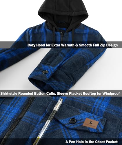 Image of V VALANCH Men's Flannel Shirt Jacket with Hood Fleece Lined Plaid Jacket Zip Up Winter Warm Coat