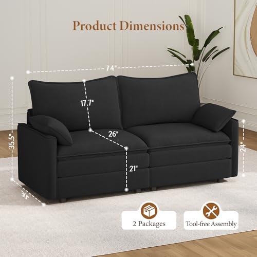 Image of Vesgantti 74 inch Loveseat Sofa for Living Room, Comfy Cloud Couch Deep Seat Chenille Modern 2 Seater Small Sofa with Armrest Pillow, Easy Assembly for Small Spaces, Black