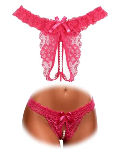 comeondear Tanga Abierto para Mujer de Encaje Bragas Abertura con Perlas Talla Grande Tangas Abierta de Cintura Baja Thong String Ropa Interior Sexy Lenceria Atrevida Transparente Lazos Rosa,XL