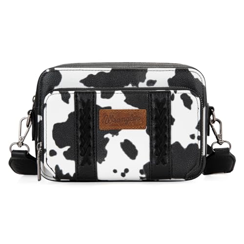 Wrangler Crossbody Bag for Women Western Cowgirl Crossbody Purses with Guitar Strap (Cow Print Black)