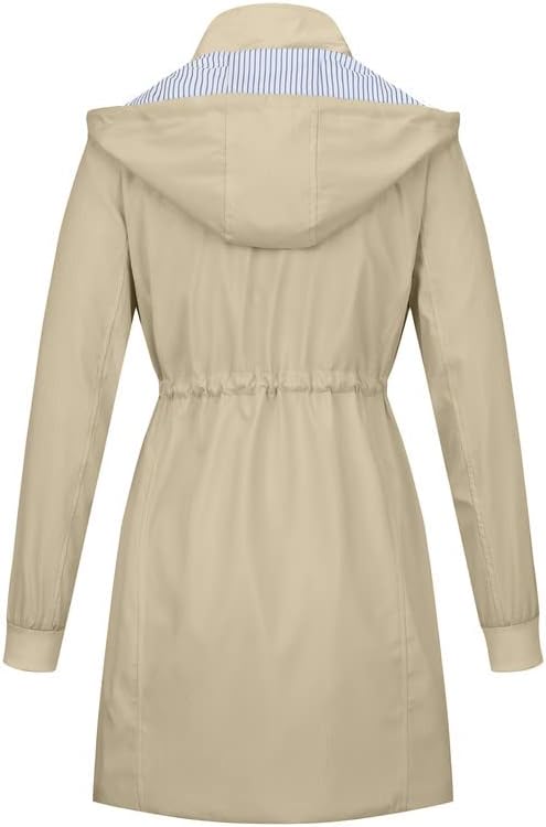 Womens Raincoat Waterproof with Hood Lightweight Windbreaker Rain Jacket Trench Coats Striped Lined - Image 2