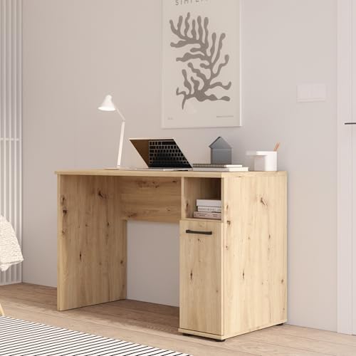 Forte NIKO Schreibtisch 110, Skandi-Schreibtisch, offene Ablage, 1-türig, Holzwerkstoff, Jugendzimmer/Büro, Artisan Eiche Holzdekor, 110cm breit x 73,5 cm hoch x 51 cm tief