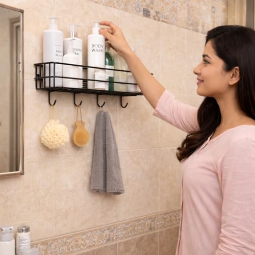 Image of DecorTwist Bathroom Shelf Without Drill | Self Adhesive Wall Organizer | Rust-Proof Metal | Waterproof Rack for Shampoo Soap Toiletries | Kitchen Laundry Storage | 28x9x9 cm (Pack of 1)