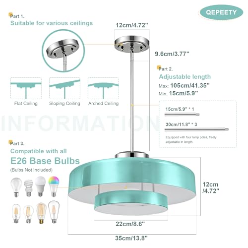 Image of Turquoise Blue 2-Tier Drum Pendant Light, 13.8 inch Adjustable Height Modern Hanging Light Fixture, Chrome Finish Metal Ceiling Lamp for Kitchen Island Dining Room Bedroom