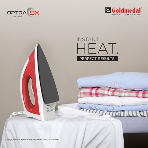 Image of Goldmedal Optra DX 1000W Dry Iron| Non-stick Weilburger Premium Coated Soleplate | iron for clothes | 5 Fabric Setting| Thermal Safety | Shock-Proof Body | Uniform Heating | Light Weight (Red- White)