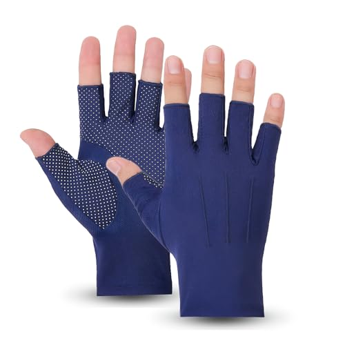 Sommer Halbfinger Herren Handschuhe Baumwolle Fahrradhandschuhe Kurz Handschuhe, Sporthandschuhe Anti-Rutsch, Anti-UV Schutz, Dünn Sonnenschutz Fäustlinge Gloves für Fahren Golf Radfahren (Blau)