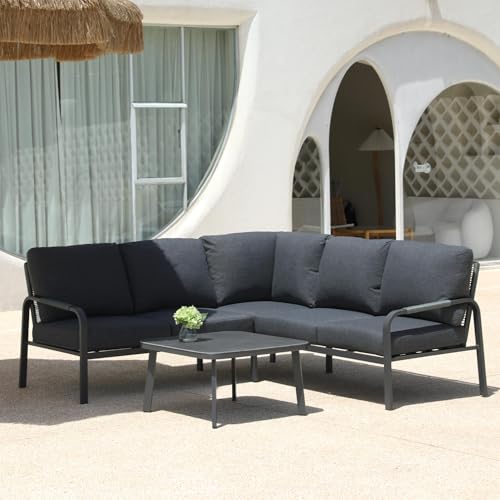 YURDAFY 4-Piece Aluminum Outdoor Furniture Set with Coffee Table – 2-Seat Sofa with Cushions, All-Weather Metal Frame, Perfect for Patio, Garden, and Balcony,Beige (Grey, Corner Sofa Set)