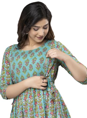 Image of Women's Cotton Floral Printed Maternity Dress Kurti with Feeding Zipper Maternity Gown for Women Feeding Dress