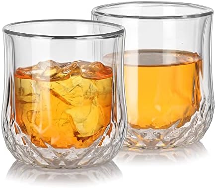 Double Wall Glasses Set of 2 for Men Women Drinking Whiskey Bourbon Scotch Cocktails Cold Drinks No Sweat Insulated Tumbler Stemless Wine Glasses Clear Cup in Gift Box Freezer Safe 8OZ