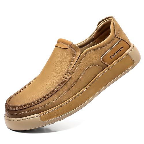 Men's Leather Slip On Casual Loafers Hand Stitched Lightweight Anti-Slip Soft Sole Moccasins Comfortable Driving Walking Shoes for Work Travel