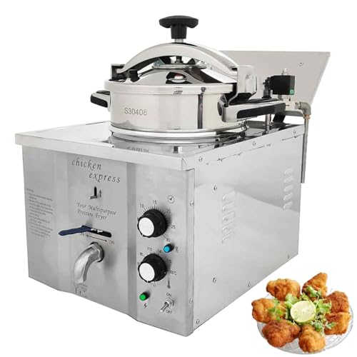 BEILOCKERY 16L Commercial High Pressure Fried Chicken Macheine, Electric Deep Kitchen Frying Machine with Basket, 110V Temperature Controlled Stainless Steel Pressure Fryer 2400W