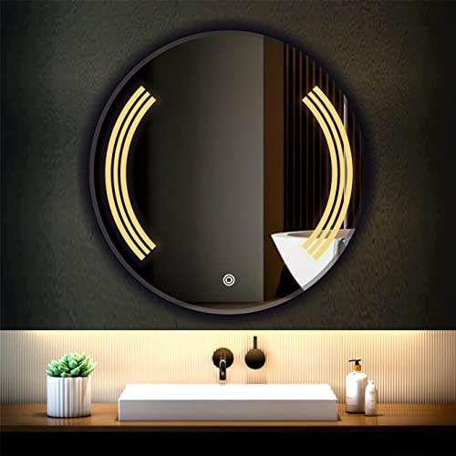 Image of LED Mirror Glass Bathroom Wall - Decorative Led Mirror with Touch Sensor Lights Cabinet Vanity Wall Design Darpan Full Length for Home (21x21 Inch Round DH6)