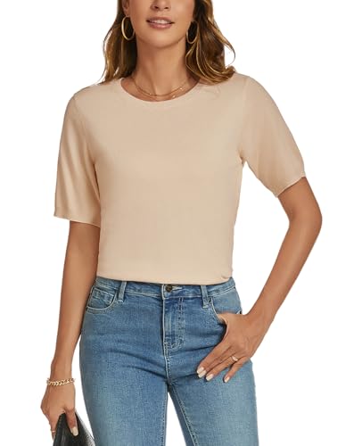 Image of Womens Short Sleeve Sweaters Tops Crew Neck Pullover Shirt Lightweight Knit Sweater Blouse