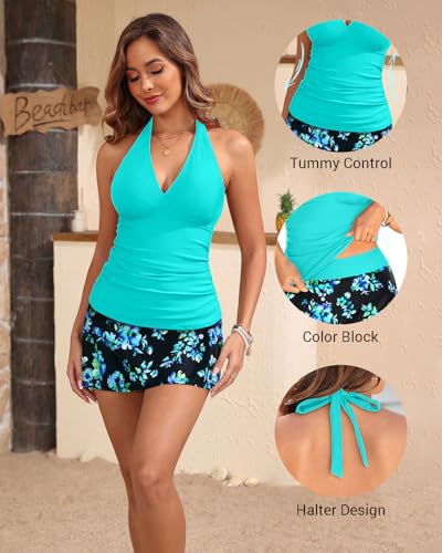 Women Tankini with Skirt - 2 Piece Swimsuits Tummy Control Bathing Suits Halter V Neck Swimwear 20252