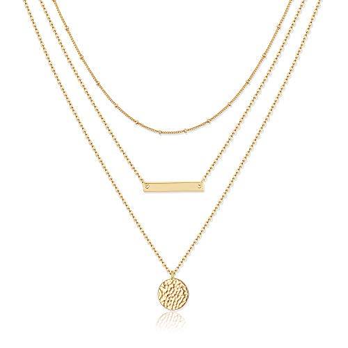 Layered Necklaces For Women Bar Necklaces For Women Disc Necklaces Gold Full Moon Necklace Hammered Coin Layered Choker Necklace Satellite Chain Long Necklace For Women Jewelry Gift
