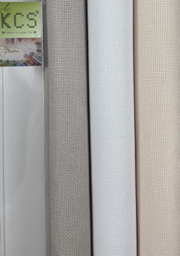 Image of KCS 3 pc of 15 inch x 18 inch(38cmx45cm) 16 Count Cross Stitch Cotton Aida Cloth Needlework Rolled Fabric Box,16CT,Pearl Grey+White+Ecru