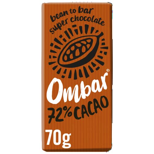 Vegan Chocolate Bar - Ombar 72% Dark Chocolate - Organic Fair Trade Chocolate - Dairy and Gluten Free - Raw Cacao - 70g - Single Bar