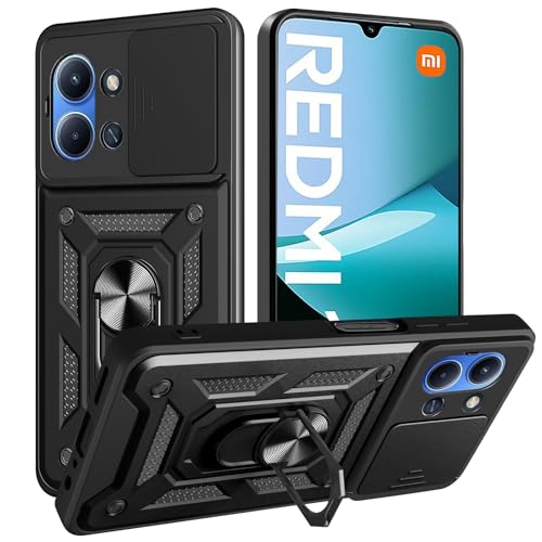 Image of Heavy Duty Back Case Cover for Redmi 15C /Poco C85 5G, Shockproof Redmi 15C /Poco C85 Back Cover, Ring Case with Kickstand and Camera Protection Shutter - Black