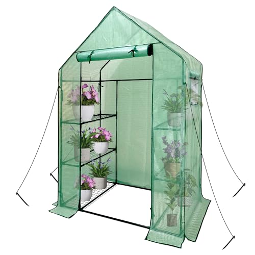 Heyfurni Walk in Greenhouse with Shelves, 3 Tiers 6 Shelves Heavy Duty Growhouse, Large Reinforced Green House with Durable PE Cover, Steel Frame, Green, 56'x28'x76'