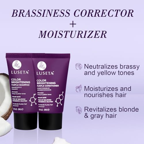 Image of Luseta Color Brightening Purple Travel Shampoo and Conditioner Mini Kit for Blonde, Silver and Gray Hair - Brassiness Neutralizer for Highlighted and Bleached Hair, 2x1.01oz Carry on Friendly